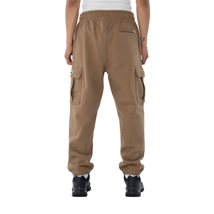 Men's tapered cargo fleece pants in hemp brown with cargo flap pockets and cuffed hem