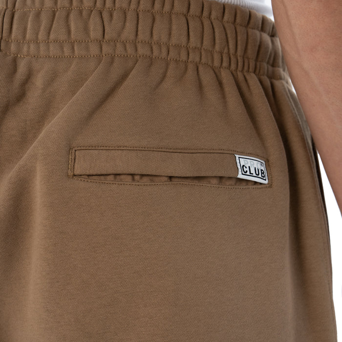 Men's hemp brown cargo fleece pants with elastic waistband texture and CLUB label patch