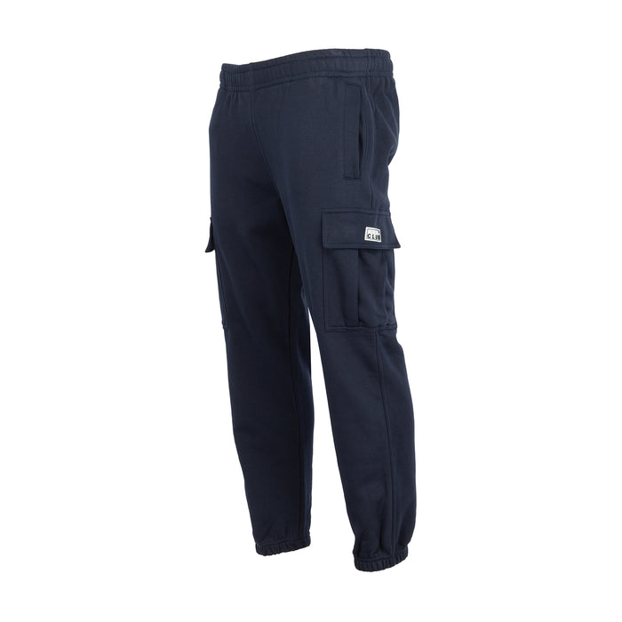 Men’s navy tapered cargo fleece pants with flap cargo pocket and elastic cuffs