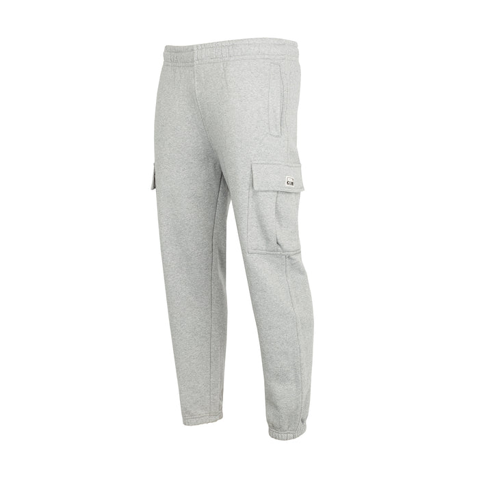 Heather grey fleece cargo pants, back view with cargo pocket flap