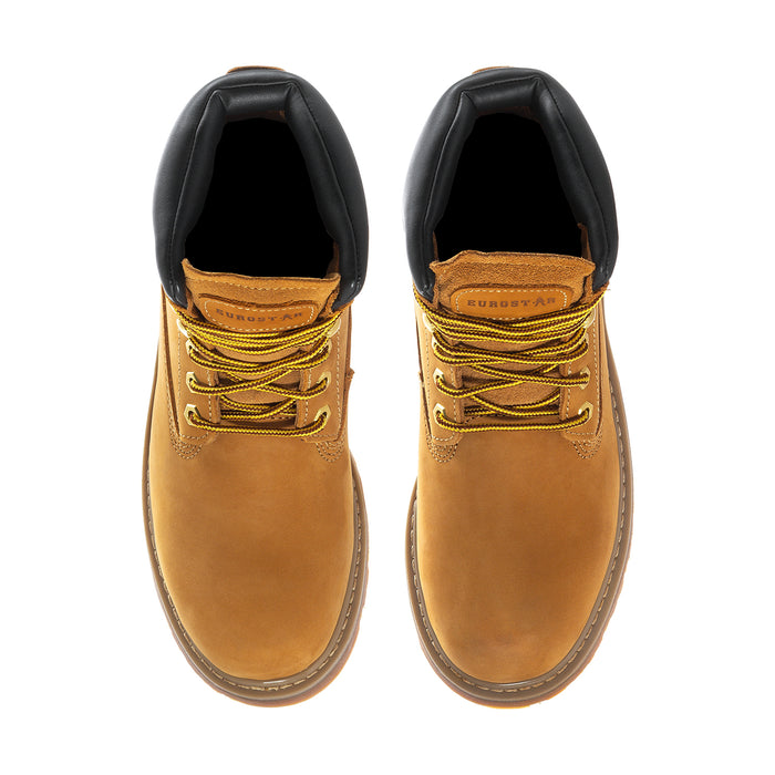 Men's wheat lace-up ankle boots, black interior lining, yellow laces, round toe