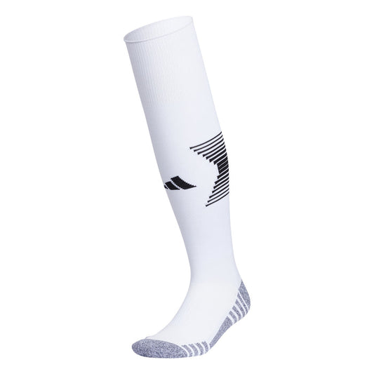 White soccer over-the-calf sock with black stripes and cushioned gray heel and toe