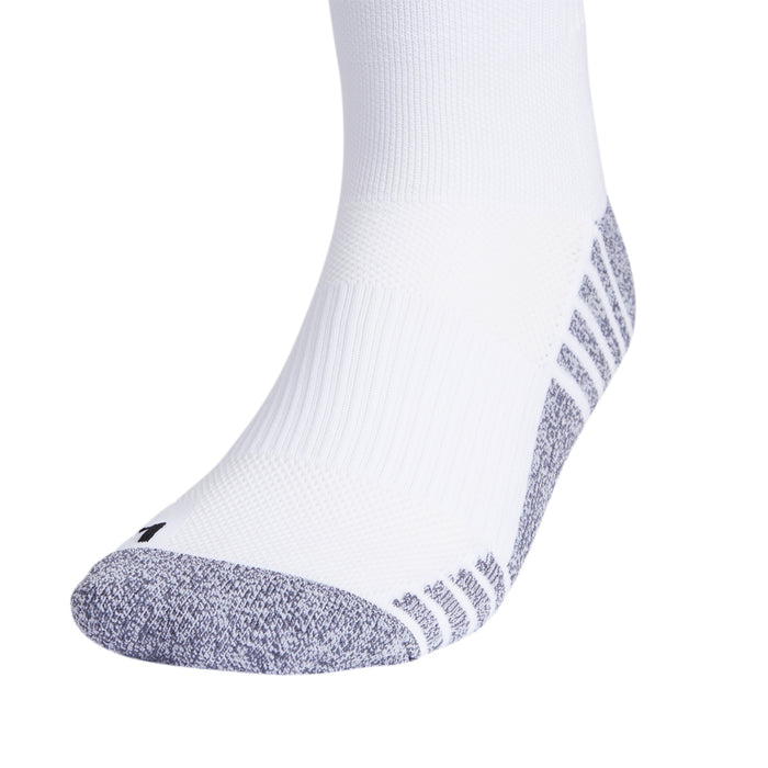 White soccer sock with black/gray heel cap, arch stripes, and cushioned toe