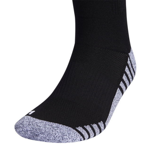 Black soccer crew socks with white heel stripes and heather gray toe