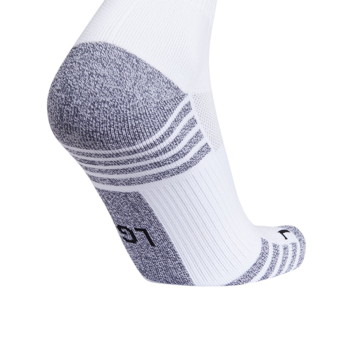 White soccer over-the-calf sock with gray sole padding and triple stripe band
