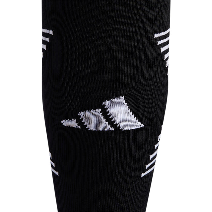 Black soccer crew socks with white logo and curved stripe details