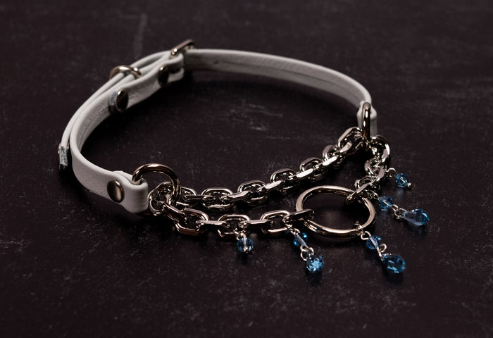"Tears of Venus" - 12.5" - 15" Slate Blue Leather Crystal Martingale Collar _ LIMITED _