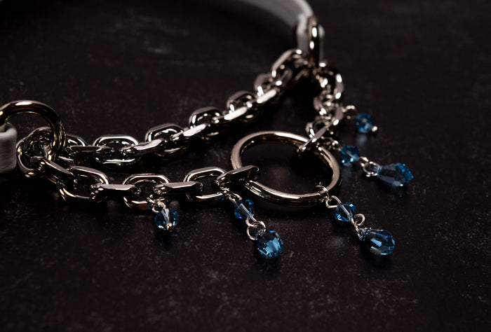 "Tears of Venus" - 12.5" - 15" Slate Blue Leather Crystal Martingale Collar _ LIMITED _