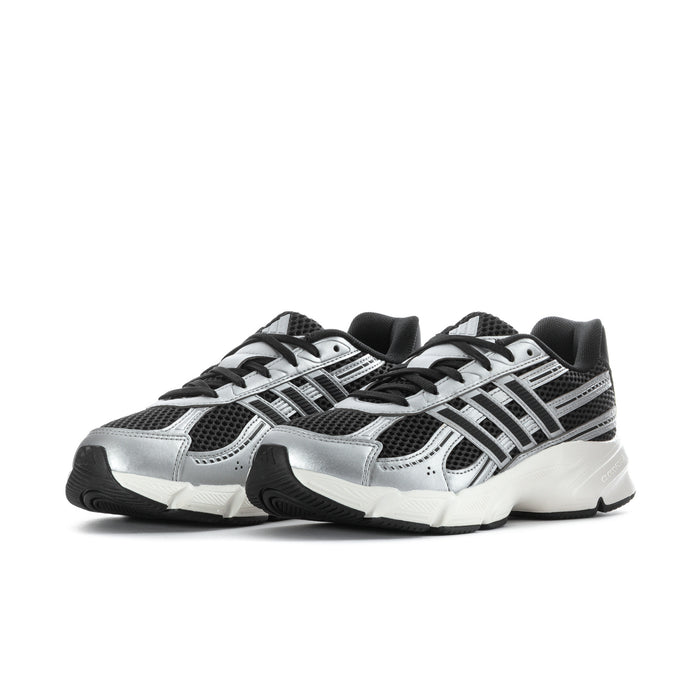 Technochaos women's sneakers, side-by-side view, black mesh with silver stripe detailing