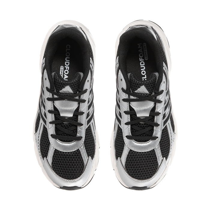 Technochaos women's sneakers, front view, black laces with silver panel accents