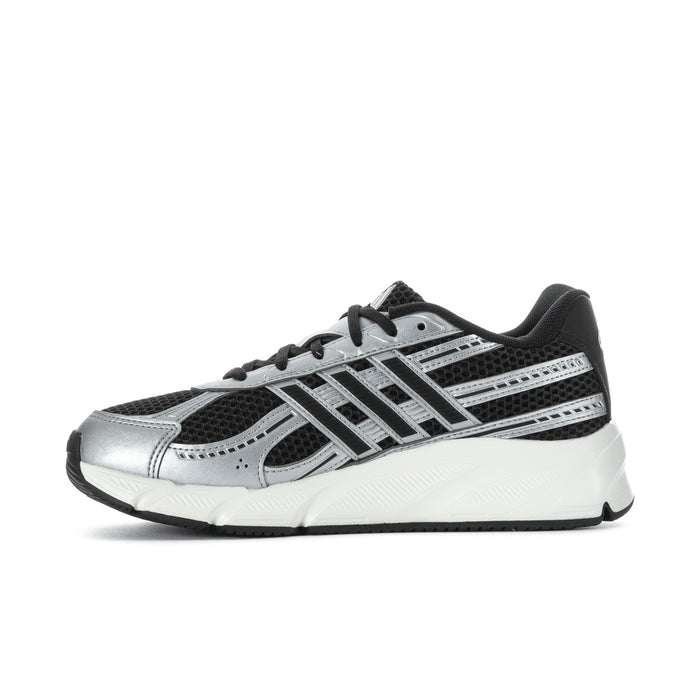 Technochaos women's sneakers, 3/4 view, black mesh with silver logo stripes