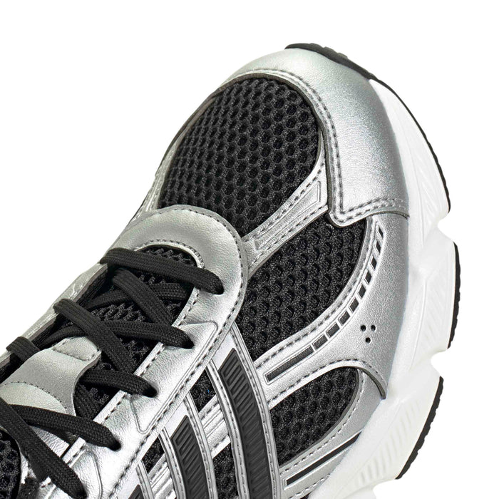 Technochaos women's sneakers, close-up, silver metallic overlays on black mesh