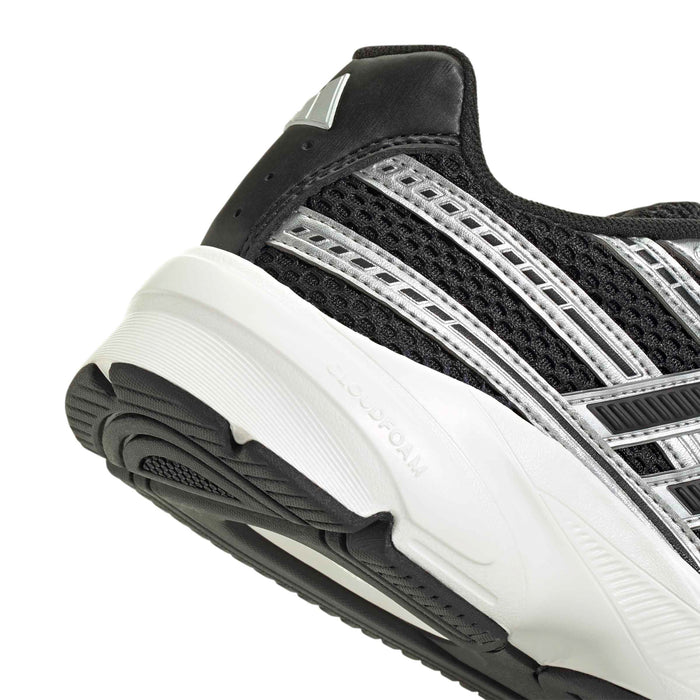 Technochaos women's sneakers, close-up of heel, black and silver striped design