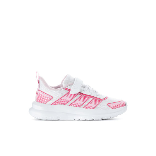 Kids running shoes in white with pink mesh panels and lace-up strap
