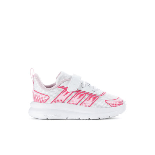 Toddler running shoe, white upper with pink stripes and front strap closure