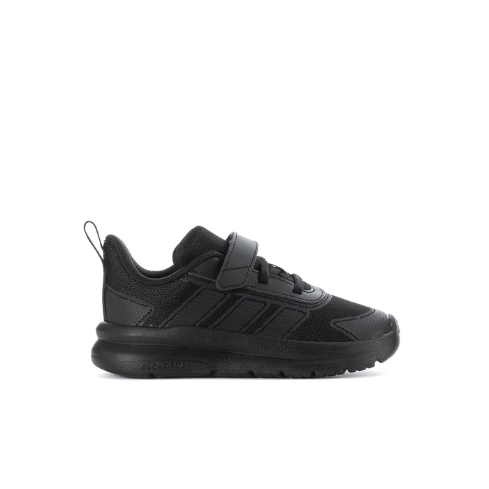 Toddler black running shoes with lace-up upper and adjustable strap