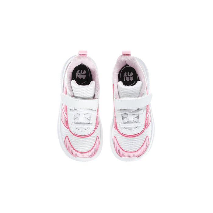 Toddler sneakers pair, padded collar with white laces and pink heel loop tabs