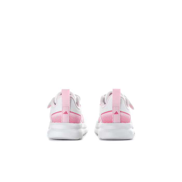 Toddler sneakers heel view, white uppers with pink pull tabs and chunky white sole