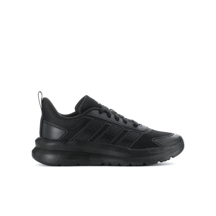 Youth black running shoe with lace-up front and cushioned rubber outsole