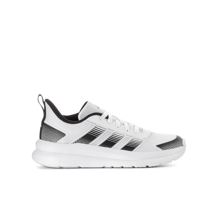 Youth running shoes, white knit with black stripes and lace-up front, cushioned sole