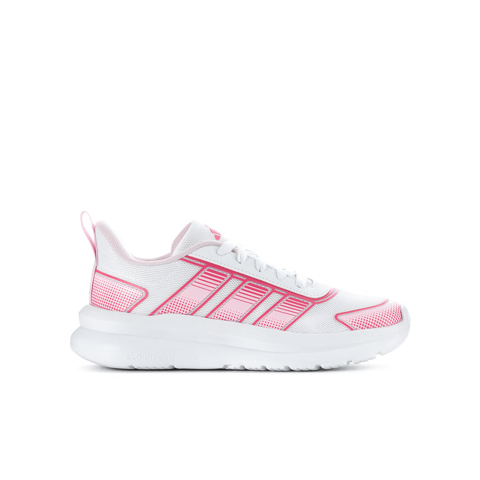 Youth running shoes, pink and white, mesh upper with lace-up closure and cushioned sole