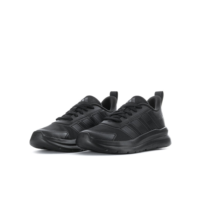 Pair of youth black lace-up running shoes with textured side stripes and padded collar
