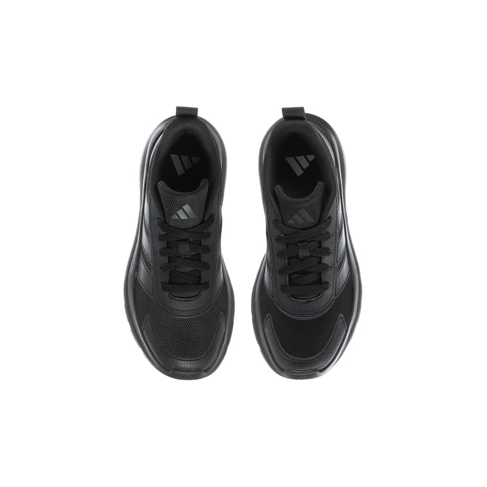 Youth black running shoes front view with lace-up closures and mesh-texture uppers