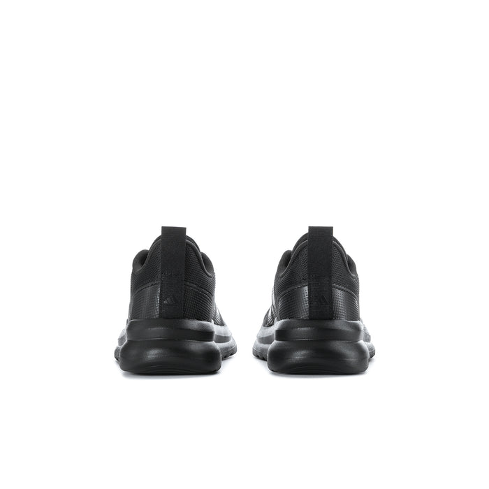 Youth black running shoe heel view with grippy tread and padded back collar