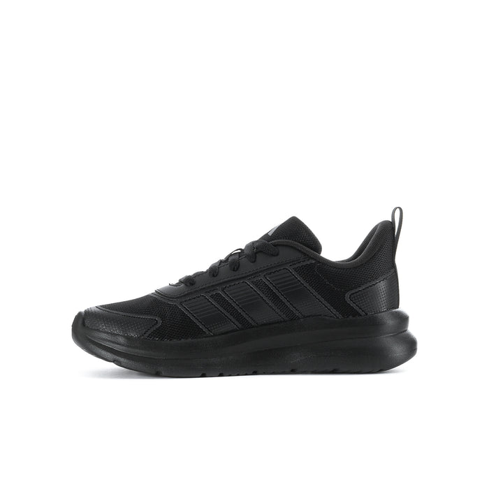 Youth black lace-up running shoe side profile with stitched overlays and rubber sole