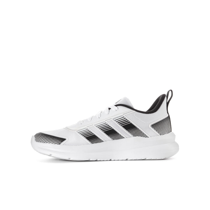Youth running shoes, white knit with black stripe overlays and lace-up front