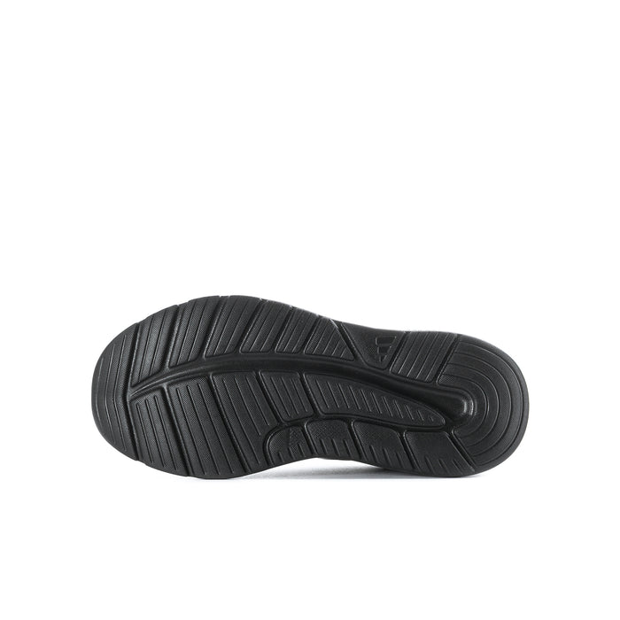 Youth black running shoe outsole with deep traction tread pattern