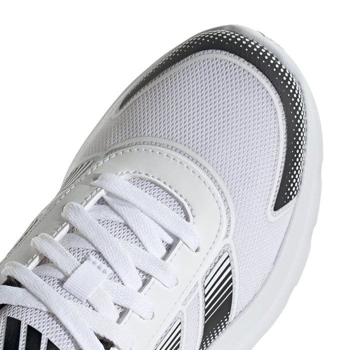 Youth running shoes, white mesh toe with black side panel and lace eyelets