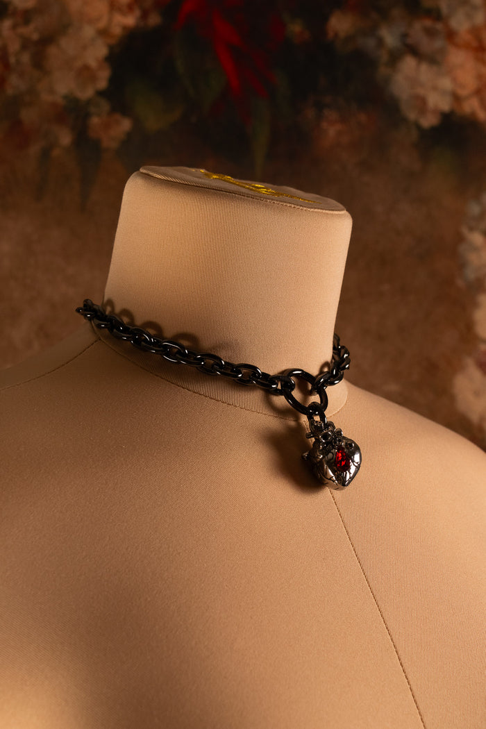 "Tethered Heart" - Anatomical Heart & Crimson Crystal O-link Chain Choker