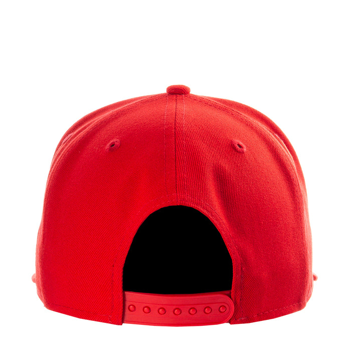 Red snapback baseball cap with black interior and adjustable back strap