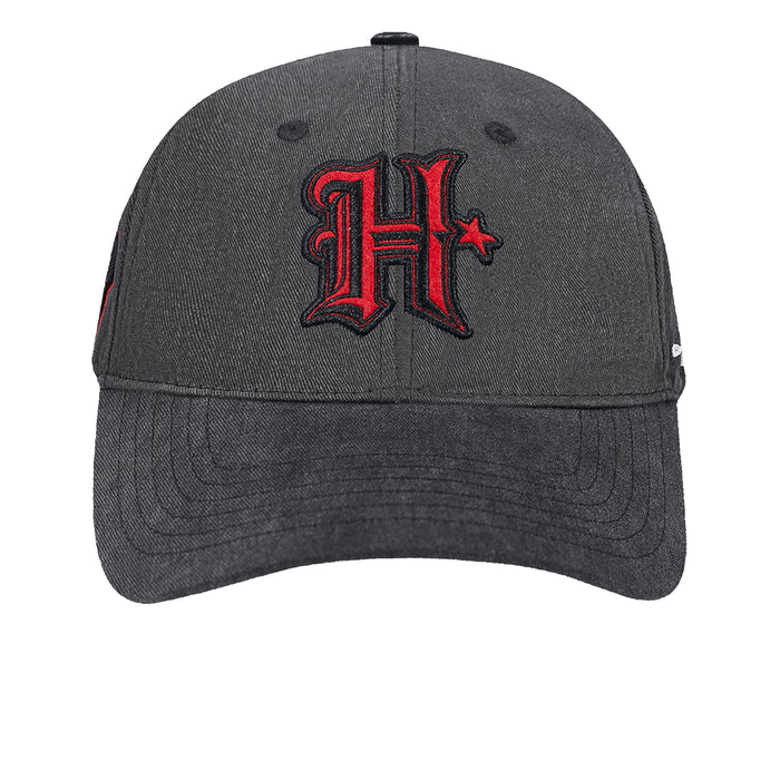 Washed black Texans strapback cap with red “H” logo and side stars