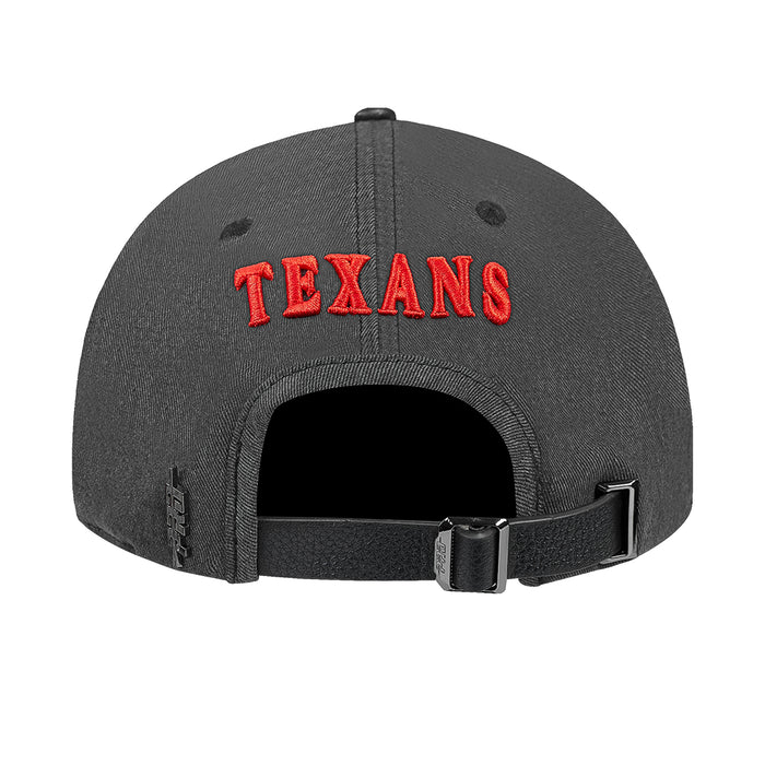 Washed black Texans strapback cap back with red “TEXANS” text and buckle