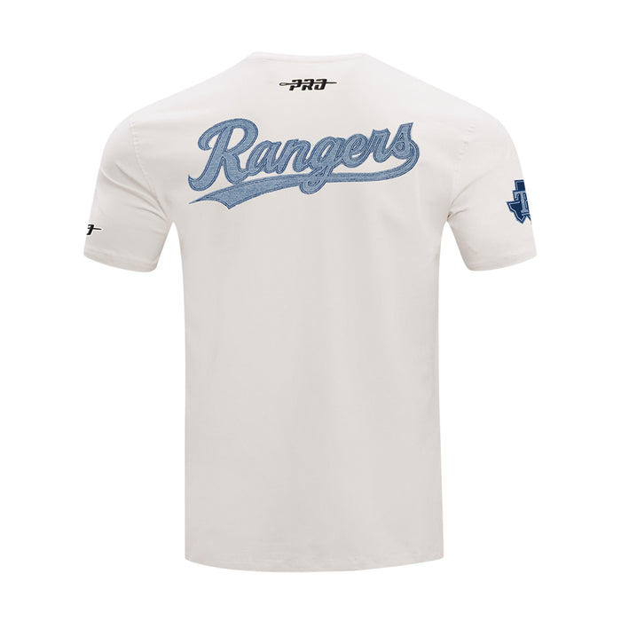 Men's Texas Rangers tee, eggshell, back shows blue Rangers script and Pro logo on neck