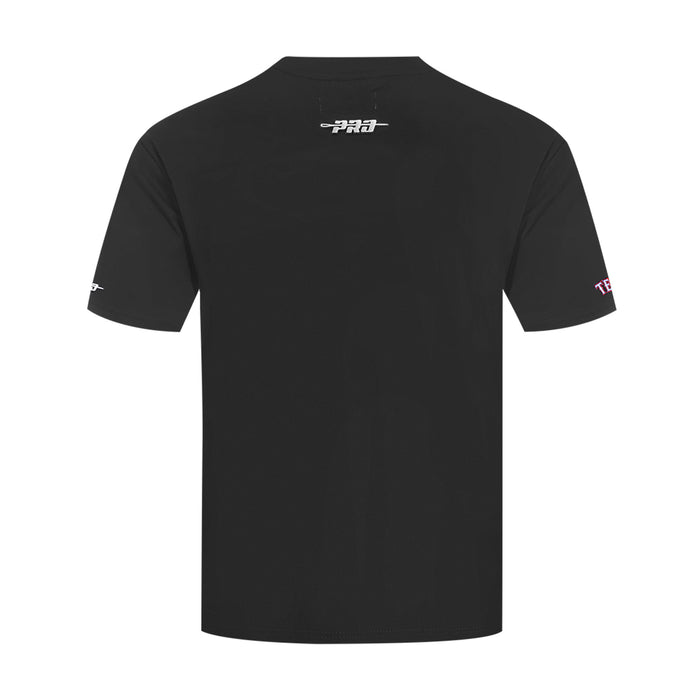 Men's black T-shirt showing small back print and curved crew neckline