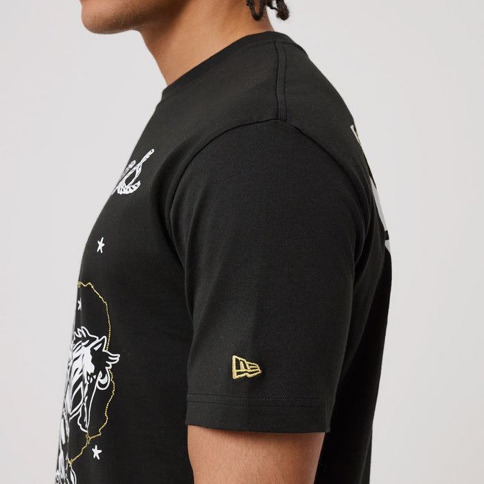 Men's black tee with small gold New Era flag logo on short sleeve