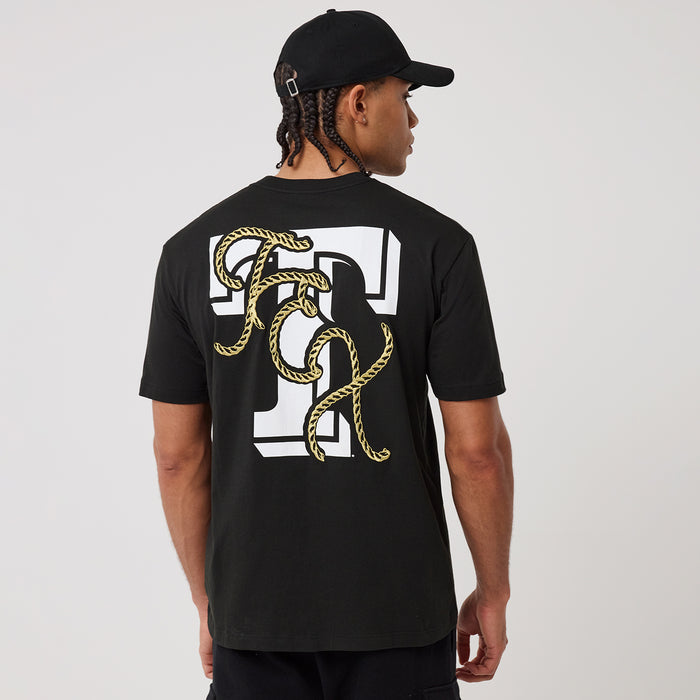 Men's black tee back view with large white 'R' and gold rope detailing
