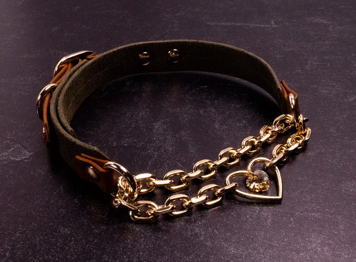 "The Huntsman" - 12.5" - 15" Tan & Olive Bark Leather Martingale Collar _ LIMITED _