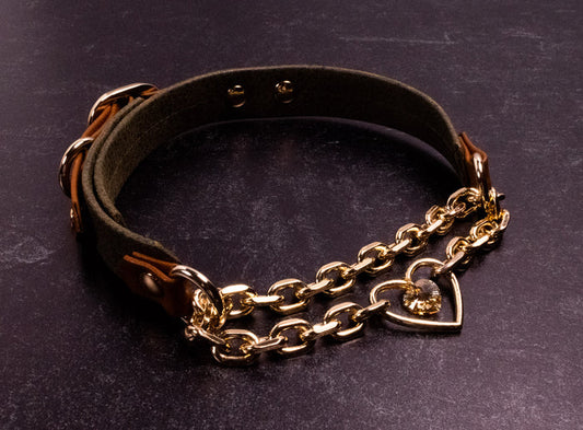 "The Huntsman" - 12.5" - 15" Tan & Olive Bark Leather Martingale Collar _ LIMITED _