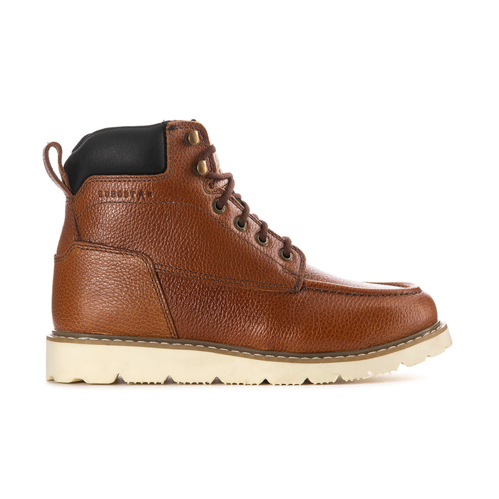 Men's moc-toe lace-up boots in tan/brown with black heel collar and light sole