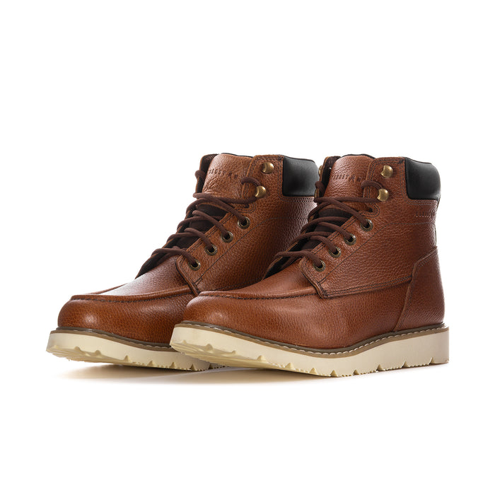 Pair of men's moc-toe lace-up boots, tan/brown leather with black ankle panels