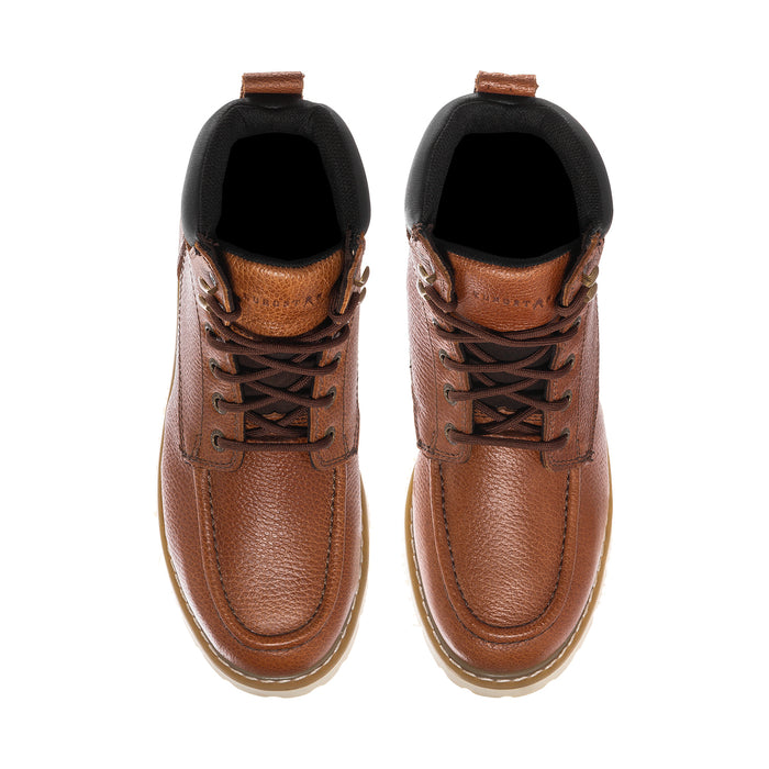 Men's tan/brown moc-toe boots with lace-up front and black interior lining