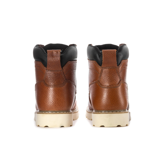 Men's tan/brown moc-toe boots from back view with black heel collar