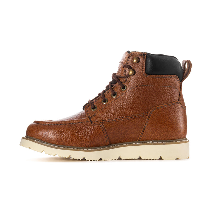 Single men's moc-toe lace-up boot in tan/brown leather with black collar