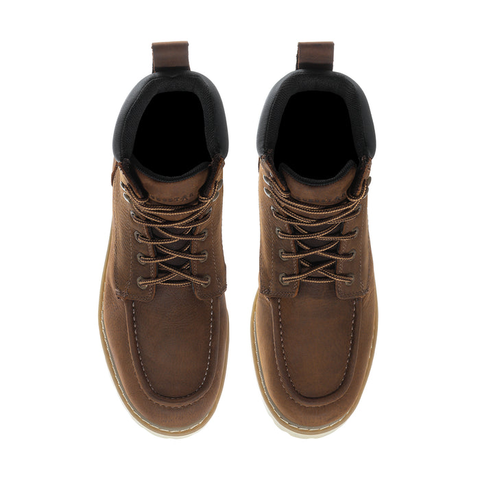 Pair of brown moc-toe boots with laces and black collars; interior opening visible