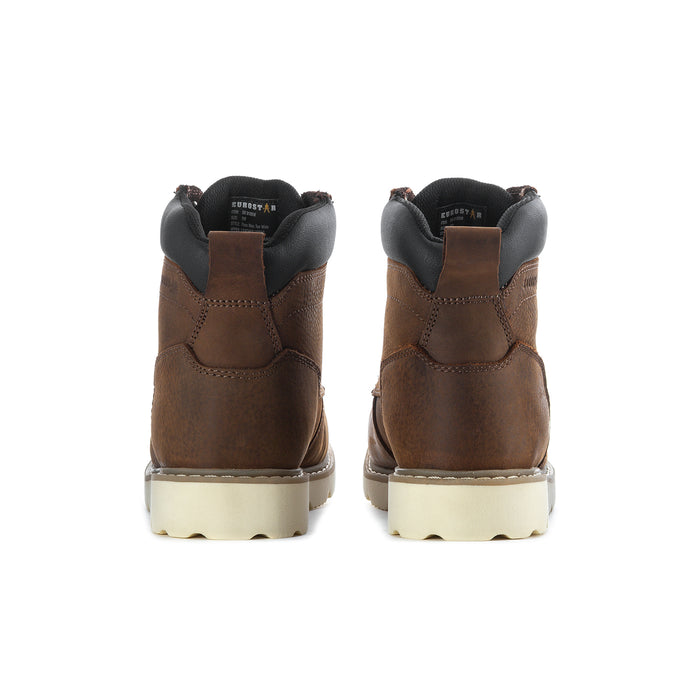 Back view of brown moc-toe boots with black heel tabs and cream outsole