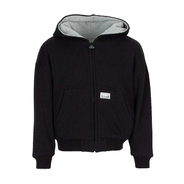 Youth reversible thermal hoodie, black front with gray hood lining and zipper